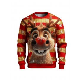Men'S & Women'S Ugly Christmas Sweater - Reindeer & Snowflake Print Thermal Winter Pullover, Soft Ribbed Crewneck Sweatshirt with Red & Green Stripes, Plus Size