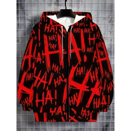 Men's Oversized Streetwear Jacket with Full-Body & Lettering Print - Lightweight Zip-Up Hooded Baseball Coat, Long Sleeve Casual Winter Outerwear for Big & Tall, Urban Fashion Essential, Christmas Gift, PLUS SIZE