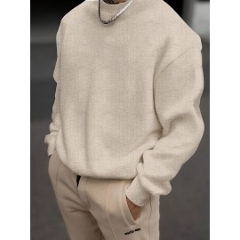 Men's Plus Size Geometric Pattern Crew Neck Sweater - Soft Stretch Pullover, All-Season Casual & Smart-Casual Long Sleeve Sweater, Regular Fit Machine Washable Top for Men, Versatile Streetwear & Formal Attire, PLUS SIZE