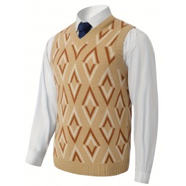 Men's Soft Beige/Brown/Argyle Sweater Vest - Slim Fit V-Neck Pullover, Knit Office & Formal Attire, Autumn/Winter Layering Piece for Business Casual or Casual Attire, Sophisticated Weave, Ribbed Texture, PLUS SIZE
