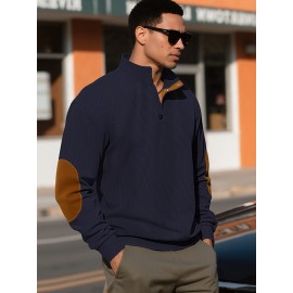 Men'S Corduroy Sweatshirt - Oversized Long Sleeve Pullover with Stand Collar, Green & Brown Striped Casual Sweater, All-Season Comfortable Loose Fit for Outdoor & Casual Attire, Plus Size Available, Easy Care (Ideal for Bowling & Casual Outfits)