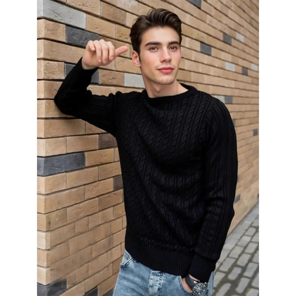 Plus Size Men's Sweater Winter Warm Cable Knit Pullover - Solid Color Round Neck Loose Fit Sweaters for Big & Tall, Casual Winter Wear, Machine Washable Cozy Sweaters for Cold Weather (European/American Styles), PLUS SIZE