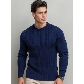 Plus Size Men's Sweater Winter Warm Cable Knit Pullover - Solid Color Round Neck Loose Fit Sweaters for Big & Tall, Casual Winter Wear, Machine Washable Cozy Sweaters for Cold Weather (European/American Styles), PLUS SIZE
