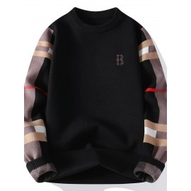 Large Size Men's Plaid & Letter Embellished Sweater - Slim-Fit Thermal Winter Sweaters with Contrast Color Block (Multi-Color Options), Machine Washable Casual Blazer for Cold Weather - Cozy Office to Party Wear for Big & Tall Men, PLUS SIZE