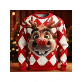 Men'S & Women'S Ugly Christmas Sweater - Reindeer Face & Snowflake Design, Soft Thermal Winter Pullover, Red & Holiday Sweater for Christmas Party Outfits, Plus Size