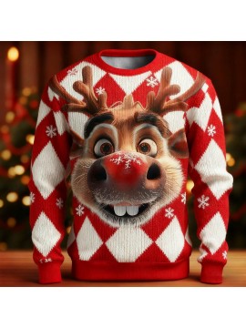 Men'S & Women'S Ugly Christmas Sweater - Reindeer Face & Snowflake Design, Soft Thermal Winter Pullover, Red & Holiday Sweater for Christmas Party Outfits, Plus Size