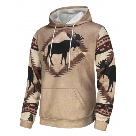 Men'S 3D Digital Print Moose & Reindeer Animal Pattern Hooded Sweatshirt - Winter Warmth Loose Fit Zipper Pullover, Grey & Retro Streetwear with Fur-Like Collar, Casual Long Sleeve Sweater for Autumn and Winter Outdoor Activities, Plus Size