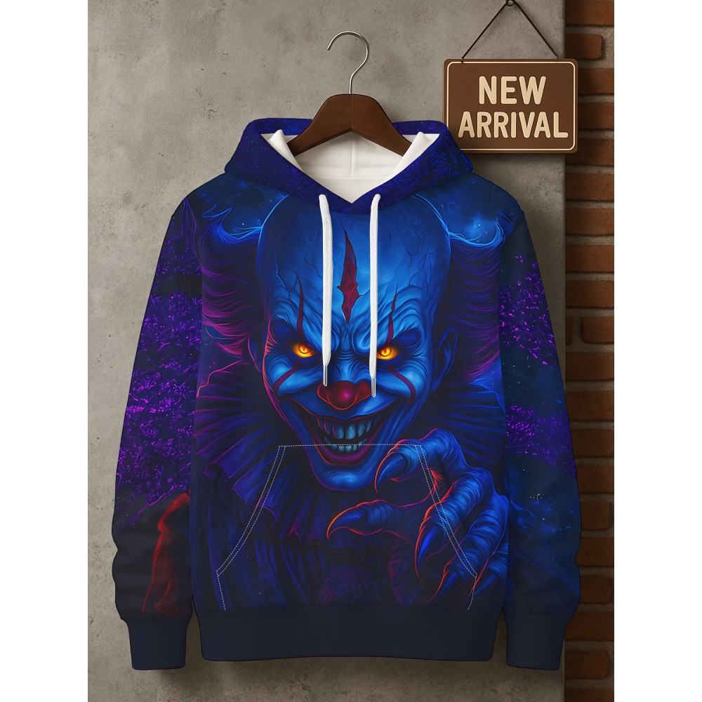Men's 3D Clown Print Hooded Sweatshirt - Soft Fabric Regular/Loose Fit Long Sleeve Hoodie with Vivid 3D Clown Face Pattern, Clown Costume for Horror Themed Outfits, Streetwear & for halloween Clothing (Machine Washable) for men, PLUS SIZE