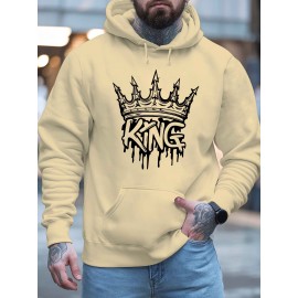 Men'S King Crown Print Hooded Sweatshirt - Royal & Golden Lettering, Winter Knit Fabric with Slight Stretch, Regular Fit Long Sleeve Pullover, Casual American Style Statement Piece for Everyday & Formal Wear - Ideal Gift for Men (KING Lettering Desi