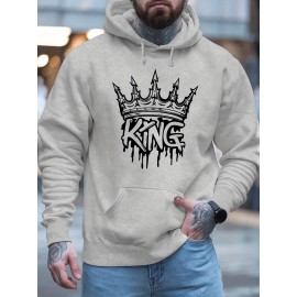 Men'S King Crown Print Hooded Sweatshirt - Royal & Golden Lettering, Winter Knit Fabric with Slight Stretch, Regular Fit Long Sleeve Pullover, Casual American Style Statement Piece for Everyday & Formal Wear - Ideal Gift for Men (KING Lettering Desi