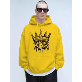 Men'S King Crown Print Hooded Sweatshirt - Royal & Golden Lettering, Winter Knit Fabric with Slight Stretch, Regular Fit Long Sleeve Pullover, Casual American Style Statement Piece for Everyday & Formal Wear - Ideal Gift for Men (KING Lettering Desi