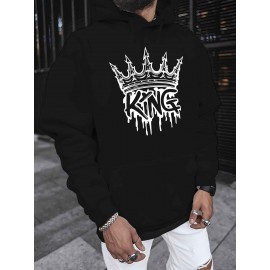 Men'S King Crown Print Hooded Sweatshirt - Royal & Golden Lettering, Winter Knit Fabric with Slight Stretch, Regular Fit Long Sleeve Pullover, Casual American Style Statement Piece for Everyday & Formal Wear - Ideal Gift for Men (KING Lettering Desi