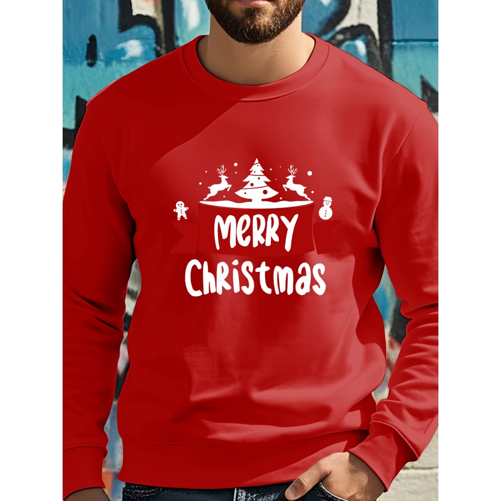 Men's Christmas Tree Print Sweatshirt - Long Sleeve Crew Neck Casual Pullover with Merry Christmas Lettering & Snowflake Design, Purple Red/Green Holiday Sweater for Spring/Autumn, Festive Winter Party Outfit, PLUS SIZE
