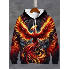 Men'S Plus Size 3D Flame Phoenix Hoodie - Vibrant Red & Orange Graphic, Long Sleeve Pullover with Drawstring Hood & Pockets, Polyester, Casual Sporty Style for Fall & Winter, Autumn Fashion Top, Bold Pattern Hoodie, Medium Stretch Fabric