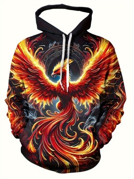 Men'S Plus Size 3D Flame Phoenix Hoodie - Vibrant Red & Orange Graphic, Long Sleeve Pullover with Drawstring Hood & Pockets, Polyester, Casual Sporty Style for Fall & Winter, Autumn Fashion Top, Bold Pattern Hoodie, Medium Stretch Fabric