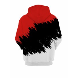 Men'S Casual Hooded Sweatshirt- 3D Color Block Print, Red Black White Abstract Design, Long Sleeve Regular Fit, Knitted Fabric, Front Pocket and Digital Heat Transfer Printing, Suitable for All Seasons Comfortable, Sweatshirt Hoodie, Comfortable Pu, PLUS SIZE