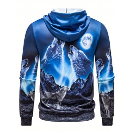 Men'S Moonlit Wolf Howl 3D Print Hooded Zip-Up Sweatshirt - Deep Blue Wolf Pack & Snow Mountain Night Sky Design, Loose Fit Casual Outdoor Winter Wear, Full-Zip Hoodie for Camping & Hiking, Durable 3D Print Graphic Apparel, Plus Size