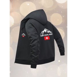 Men'S Plus Size Hooded Jacket - Swiss Alps Mountain Graphic Zip-Up Coat, All-Season Casual Outerwear with Full-Zip Closure, Navy Blue Hoodie for Travel, Hiking & Casual Attire - Swiss Flag Design, Hiking Gear, Durable Fabric, PLUS SIZE