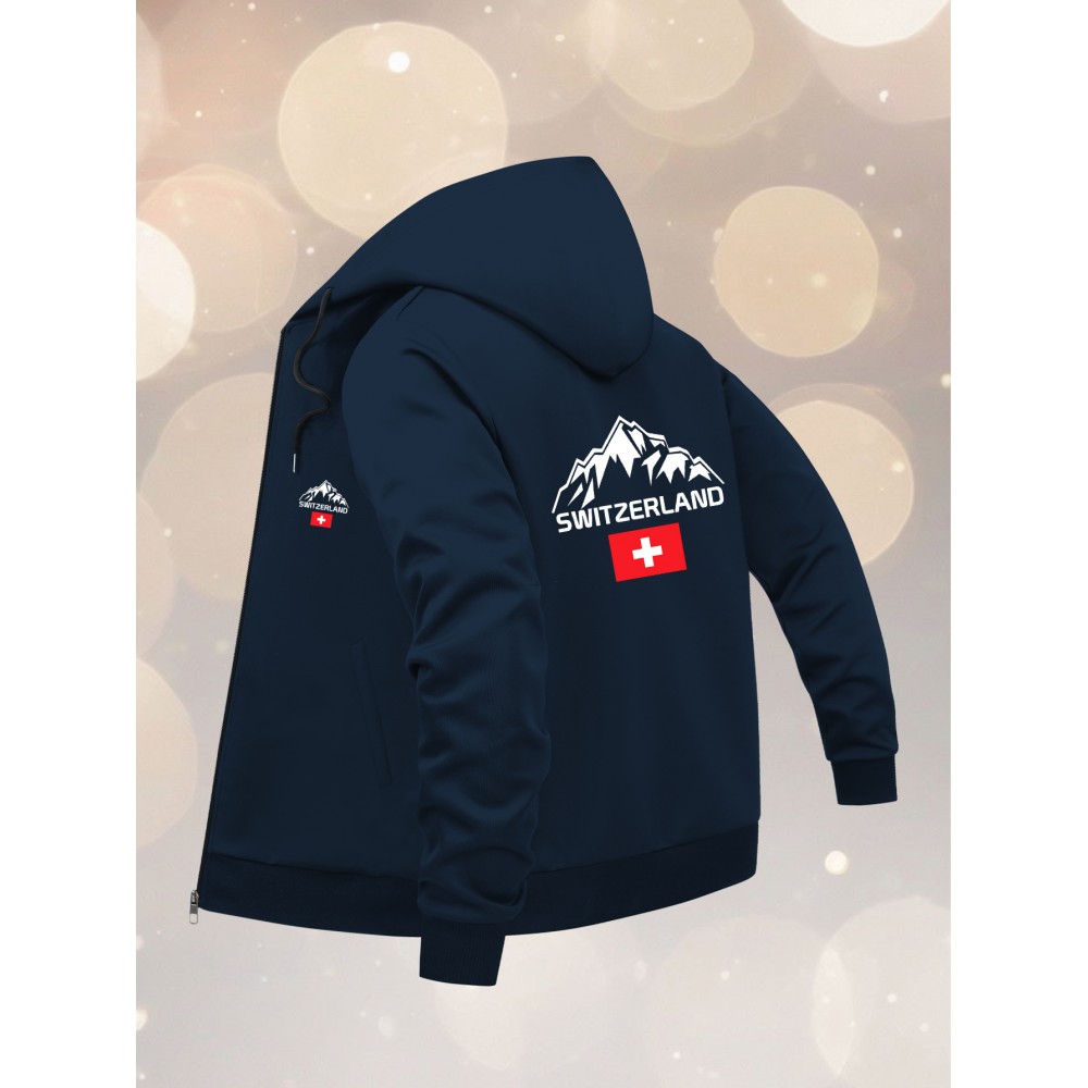 Men'S Plus Size Hooded Jacket - Swiss Alps Mountain Graphic Zip-Up Coat, All-Season Casual Outerwear with Full-Zip Closure, Navy Blue Hoodie for Travel, Hiking & Casual Attire - Swiss Flag Design, Hiking Gear, Durable Fabric, PLUS SIZE