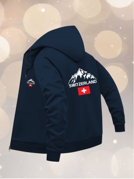 Men'S Plus Size Hooded Jacket - Swiss Alps Mountain Graphic Zip-Up Coat, All-Season Casual Outerwear with Full-Zip Closure, Navy Blue Hoodie for Travel, Hiking & Casual Attire - Swiss Flag Design, Hiking Gear, Durable Fabric, PLUS SIZE
