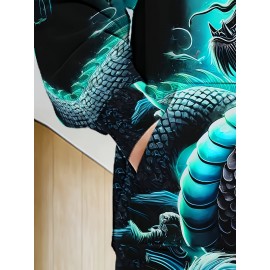 Men's Japanese Dragon Print Hooded Zip-Up Jacket - Turquoise Blue & Black 3D Scale Design, Full-Zip Korean/Kazoku Style Coat, Anime/Manga Inspired Casual Wear, Breathable & Machine Washable, Plus Size Relaxed Fit for Gym, Running, Spring/Fall Outdoor - Japanese Dragon Motif with Full-Length Zipper Closure, No Lining, Standout Statement Piece for Men's Fashion (Casual & Statement Outfit), PLUS SIZE