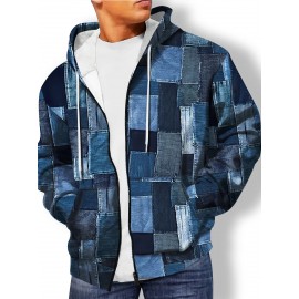 Plus Size Men's Full-Zip Hooded Cardigan Jacket - 3D Denim Patchwork Print (Blue/Denim) | Stretch Fabric | Casual Streetwear Coat with Zippered Hood & Pocket | Machine Washable Oversized Fit | Denim-Like Texture Outerwear, PLUS SIZE