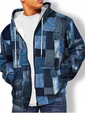 Plus Size Men's Full-Zip Hooded Cardigan Jacket - 3D Denim Patchwork Print (Blue/Denim) | Stretch Fabric | Casual Streetwear Coat with Zippered Hood & Pocket | Machine Washable Oversized Fit | Denim-Like Texture Outerwear, PLUS SIZE