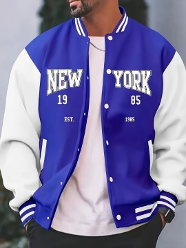 Men's Large Size Vintage New York Lettering & Numbered Baseball Jacket - Two-Tone Button College Style Snapback Coat, Retro Streetwear Outerwear with Pockets (Machine Washable, Spring/Fall Casual Wear) - Christmas Gift for NY Fans, PLUS SIZE