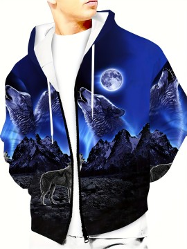 Men's Full-Body Wolf 3D Print Hooded Jacket - Realistic Wolf & Moon Night Sky Design, Knitted Fiber Coat with Zipper Closure, Machine Washable Winter Jacket for Outdoor Wear, Plus Size (Black/Green) - Wolf Howling Print Hoodie, PLUS SIZE