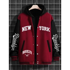 Men's Large Plus Size New York Logo Baseball Uniform Jacket - Winter Outdoor Casual Snap Button Closure Coat with Letter 'NY' Emblem, Machine Washable Polyester, Christmas Gift for Fans, PLUS SIZE