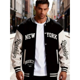 Men's Large Plus Size New York Logo Baseball Uniform Jacket - Winter Outdoor Casual Snap Button Closure Coat with Letter 'NY' Emblem, Machine Washable Polyester, Christmas Gift for Fans, PLUS SIZE