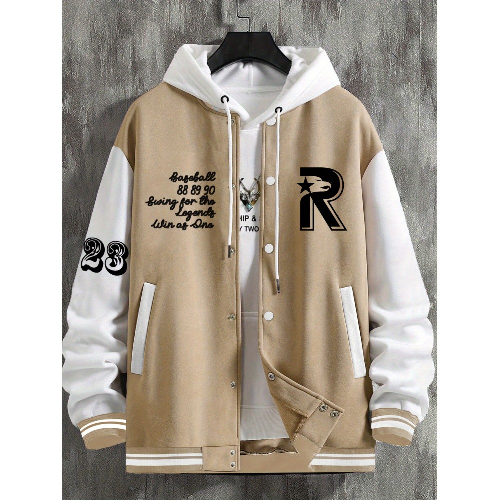 Men's Large Size Baseball Jacket with Letter 'M' Print (for Miami/other letters) - Buttonless Snap Closure, Machine-Washable Polyester Coat, Pockets - Casual Winter Outerwear for Big & Tall, Christmas Gift (No hat Included), PLUS SIZE