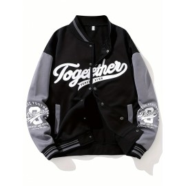 Men'S Large Size Casual Baseball Jacket with Letter Print & Team Spirit Design - Warm Outerwear, Snap Closure & Functional Pockets, Spring/Fall Outdoor Sports Apparel, Christmas Gift for Men (No Hat Included) - Trendy Casual Style for Casual Attire