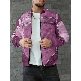 Men'S Oversized 3D Faux Denim Jacket with Full-Zip Closure, Stand Collar & Practical Pockets - Machine Washable Casual Bomber Coat for Autumn/Winter, Plus Size