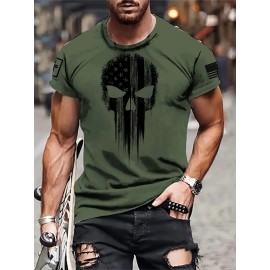 Men's Patriotic 3D Skull Print T-Shirt, Oversized Royal Blue Casual Summer Top with American Flag Design, Crew Neck Short Sleeve- Ideal Valentine's Day Gift for Boyfriend, Skull American Flag Clothing, Large Size, PLUS SIZE