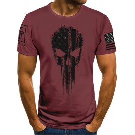 Men's Patriotic 3D Skull Print T-Shirt, Oversized Royal Blue Casual Summer Top with American Flag Design, Crew Neck Short Sleeve- Ideal Valentine's Day Gift for Boyfriend, Skull American Flag Clothing, Large Size, PLUS SIZE