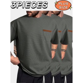 3pcs Men'S Plus Size Casual Short Sleeve T-Shirt Set, Essential Basic Tee - Breathable, Soft & Comfortable Waffle Fabric, Solid Color, Round Neck, Perfect for Casual Attire, PLUS SIZE, Men'S Set On, Men'S White Beach Set, Men'S Training Suit Set, Men'S Beach Set For Large Sizes