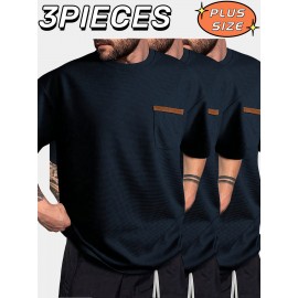 3pcs Men'S Plus Size Casual Short Sleeve T-Shirt Set, Essential Basic Tee - Breathable, Soft & Comfortable Waffle Fabric, Solid Color, Round Neck, Perfect for Casual Attire, PLUS SIZE, Men'S Set On, Men'S White Beach Set, Men'S Training Suit Set, Men'S Beach Set For Large Sizes