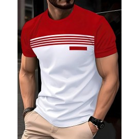 3pcs Men'S Casual Crew Neck Short Sleeve T-Shirts - Light Gray with White Horizontal Stripes, Regular Fit, Slight Stretch Fabric, Stylish Black Watch Accessories, Casual Attire|Striped Tee|Stretchy Fabric, PLUS SIZE