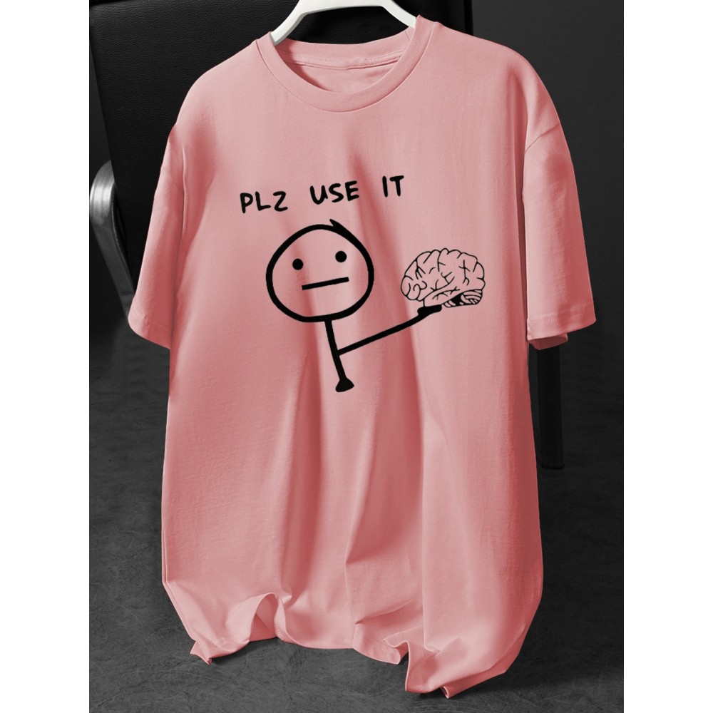 Plus Size Men's Short Sleeve T-Shirt Street Style, Funny Creative Doodle 