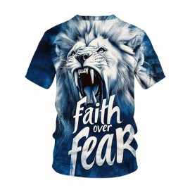 Men's Lion Face T-Shirt with Lion & 'Faith Over Fear' Slogan Print - Oversized Streetwear Tee, Plus Size Casual & Party Outfit, Comfortable Short Sleeve Shirt, Machine Washable White & Blue Lion Design, PLUS SIZE, Mens Trendy Shirts, Tshirt For Men, Mens Tshirt, T Shirt For Men Plus Size, Oversized T Shirt Men, Plus Size Mens T Shirt, Shirts For Men Plus Size, Plus Size Mens Clothing, Plus Size Men Clothing, Mens Shirts, Mens Tshirts, Mens Plus Size Shirt, Fathers Day Gift,