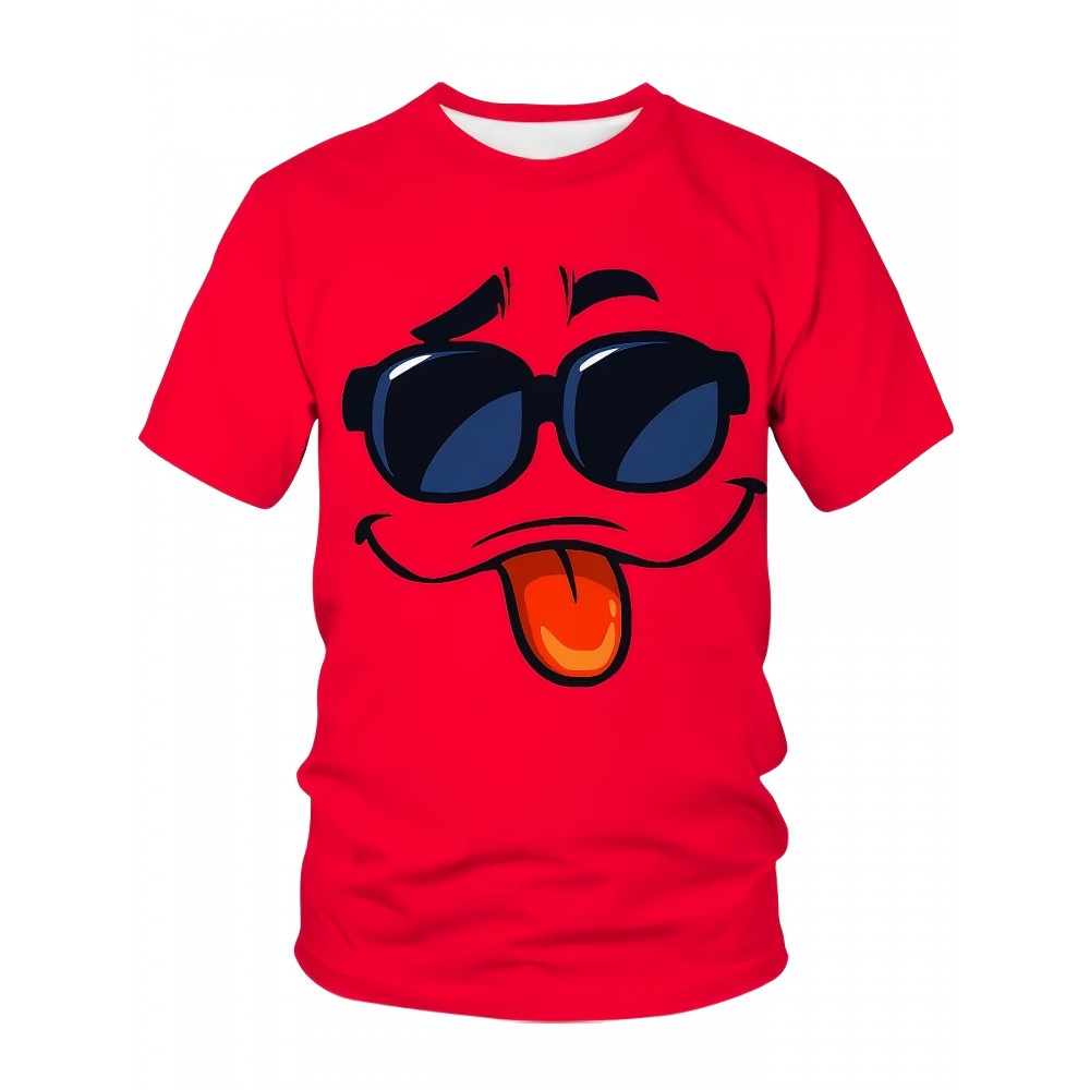 Men'S Big & Tall T-Shirt - Red Casual Everyday Shirt with Funny Face Graphic, Soft Polyester Blend Fabric - Machine Washable Plus Size Tee for Everyday & Party Wear - Non-Linen Texture Casual Top, Spring Autumn Apparel, Playful Graphic Shirt, Comfortable Fit Shirt, PLUS SIZE