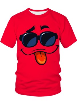 Men'S Big & Tall T-Shirt - Red Casual Everyday Shirt with Funny Face Graphic, Soft Polyester Blend Fabric - Machine Washable Plus Size Tee for Everyday & Party Wear - Non-Linen Texture Casual Top, Spring Autumn Apparel, Playful Graphic Shirt, Comfortable Fit Shirt, PLUS SIZE