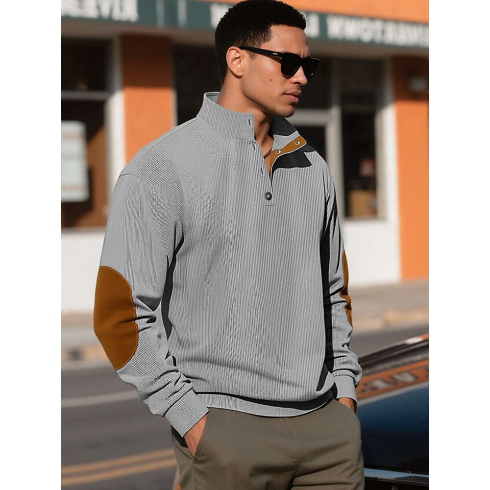 Men'S Corduroy Sweatshirt - Oversized Long Sleeve Pullover with Stand Collar, Green & Brown Striped Casual Sweater, All-Season Comfortable Loose Fit for Outdoor & Casual Attire, Plus Size Available, Easy Care (Ideal for Bowling & Casual Outfits)