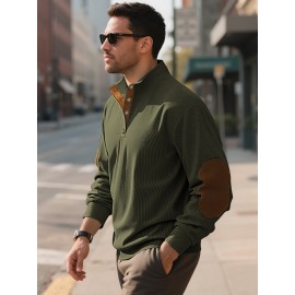 Men'S Corduroy Sweatshirt - Oversized Long Sleeve Pullover with Stand Collar, Green & Brown Striped Casual Sweater, All-Season Comfortable Loose Fit for Outdoor & Casual Attire, Plus Size Available, Easy Care (Ideal for Bowling & Casual Outfits)