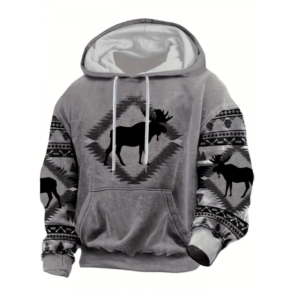 Men'S 3D Digital Print Moose & Reindeer Animal Pattern Hooded Sweatshirt - Winter Warmth Loose Fit Zipper Pullover, Grey & Retro Streetwear with Fur-Like Collar, Casual Long Sleeve Sweater for Autumn and Winter Outdoor Activities, Plus Size
