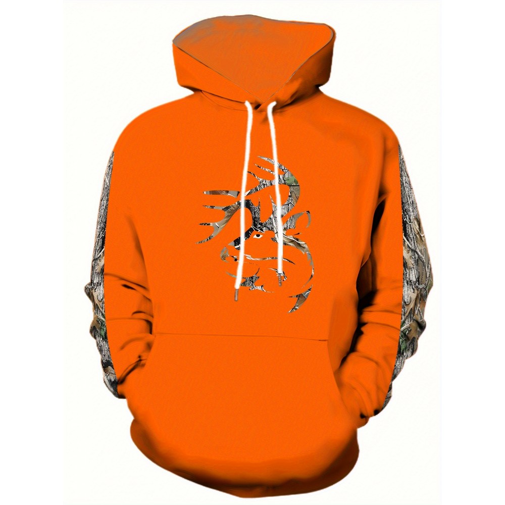 Men'S Plus Size Stretch Polyester Blend Hoodie - 3D Deer Pattern Bright Orange, Kangaroo Pocket Long Sleeve Pullover Suitable for Autumn and Winter, Machine Washable Casual Sportswear, Bold Animal Print, Comfortable Fit, Plus Size