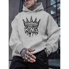 Men'S King Crown Print Hooded Sweatshirt - Royal & Golden Lettering, Winter Knit Fabric with Slight Stretch, Regular Fit Long Sleeve Pullover, Casual American Style Statement Piece for Everyday & Formal Wear - Ideal Gift for Men (KING Lettering Desi