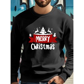 Men's Christmas Tree Print Sweatshirt - Long Sleeve Crew Neck Casual Pullover with Merry Christmas Lettering & Snowflake Design, Purple Red/Green Holiday Sweater for Spring/Autumn, Festive Winter Party Outfit, PLUS SIZE