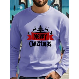 Men's Christmas Tree Print Sweatshirt - Long Sleeve Crew Neck Casual Pullover with Merry Christmas Lettering & Snowflake Design, Purple Red/Green Holiday Sweater for Spring/Autumn, Festive Winter Party Outfit, PLUS SIZE